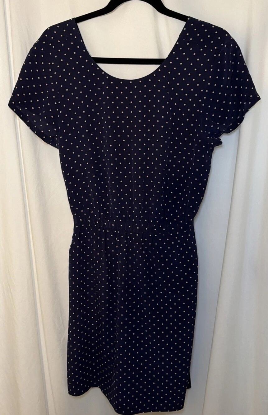Madewell Silk Floral Cross Back Women Dress Size 8 Navy Polka Dots Cottagecore